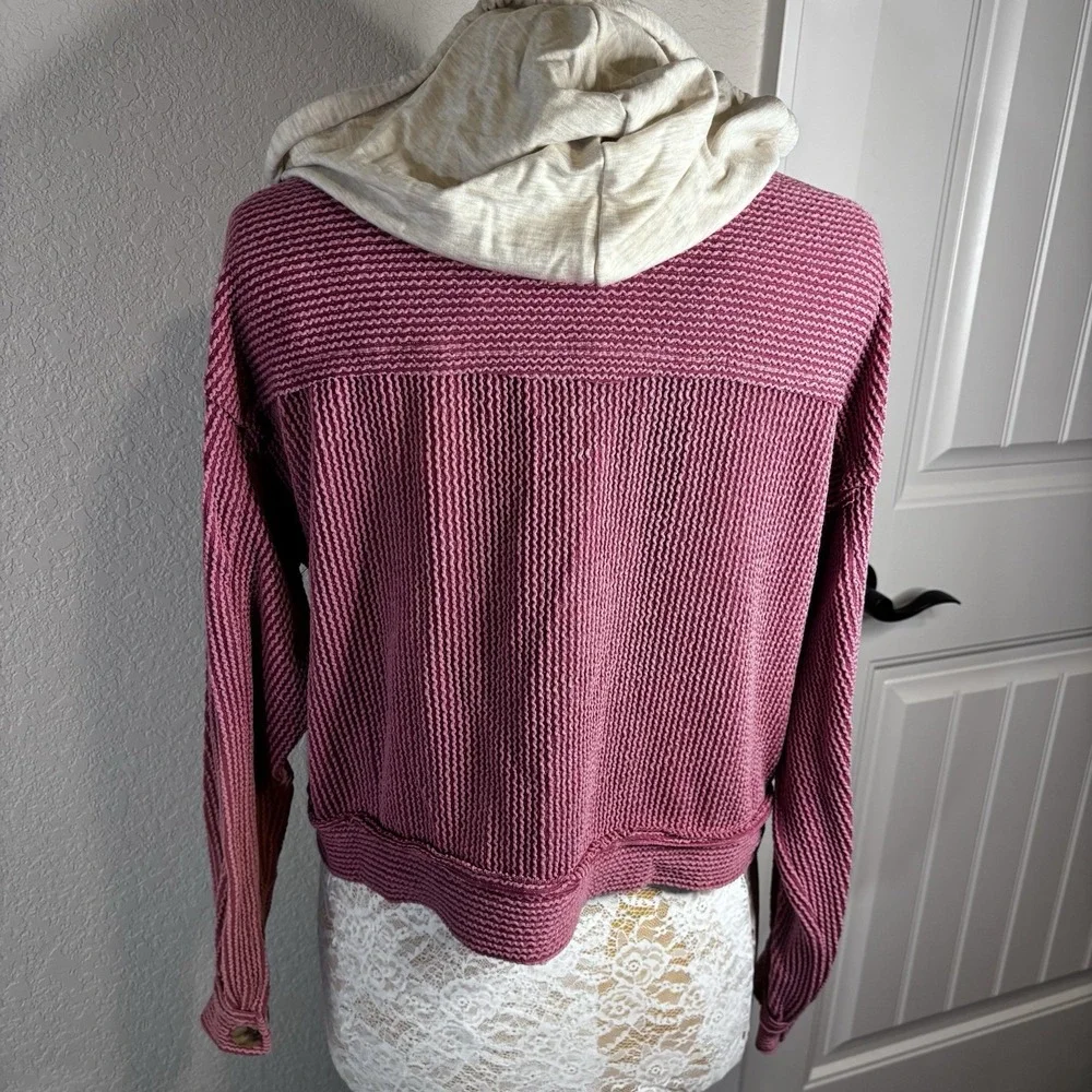 Reborn J PinkRibbed Knit  Button Up‎ Jacket W/ Contrast Hood M Soft Warm Pockets